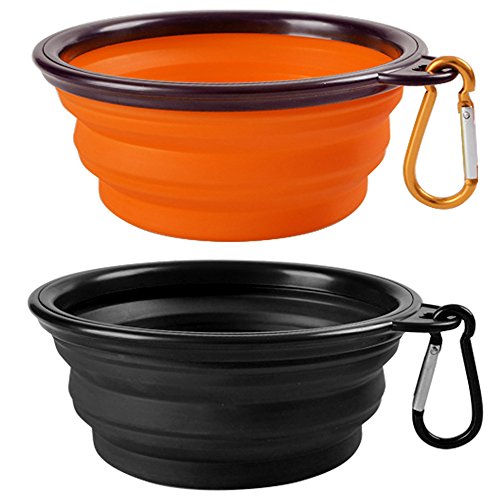 2-Pack plegable del recorrido Perro Bowl, MAXIN silicona Comedero portátil Pet Food agua de la taza, plato plegable extensible Copa para los animales domésticos, aprobado por la FDA. [Negro y naranja]