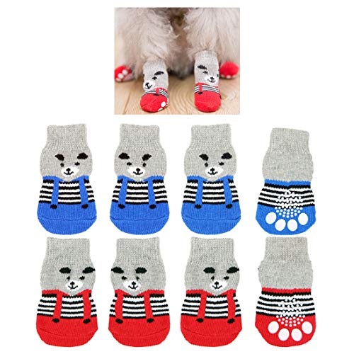 8 piezas de calcetines antideslizantes para perros, patrón de oso lindo, zapatos de protector de pata de control de tracción para interiores, para perros pequeños, cachorros, gatos (tamaño grande)