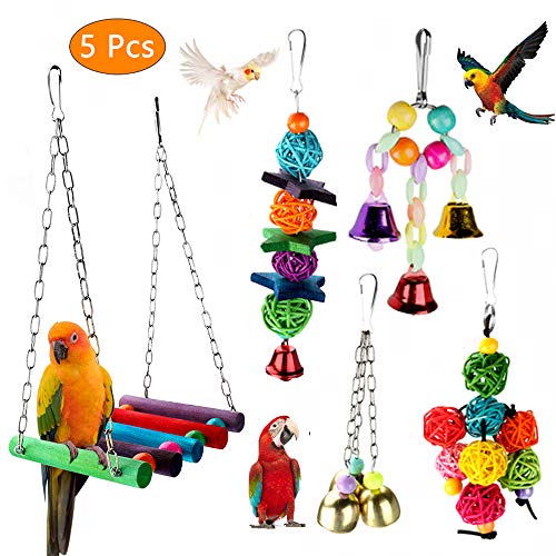 Achort 5 Unidades Juguetes para Pájaros Accesorios Jaula Pajaros Bite Toy con Campanas, Escalera de Madera, Hamaca de Madera para Periquitos, Cockatiels, Loro, Periquito, cacatúas, Love Birds