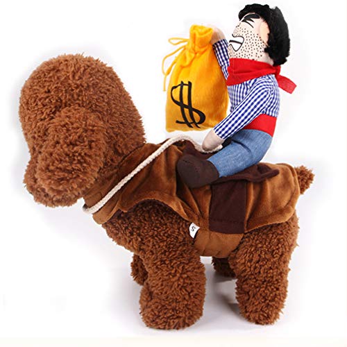 Amosfun Disfraz de Mascota Traje de Vaquero Jinete Monedero Dinero Divertido Disfraz de Mascota Perro Silla de Montar Suave decoración de Peluche Accesorios para Cachorros