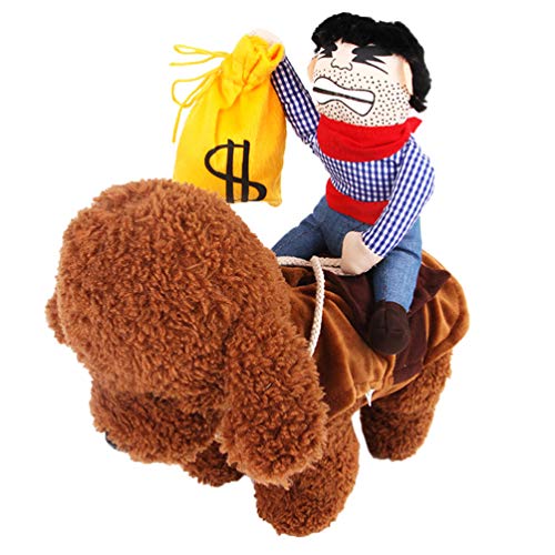 Amosfun Disfraz de Mascota Traje de Vaquero Jinete Monedero Dinero Divertido Disfraz de Mascota Perro Silla de Montar Suave decoración de Peluche Accesorios para Cachorros