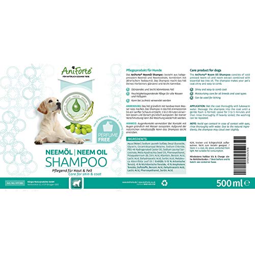 AniForte Aceite de Neem Champú 500ml - champú para perros sin fragancia, producto de cuidado para el picor, agradable para la piel, fácil de peinar, olor agradable