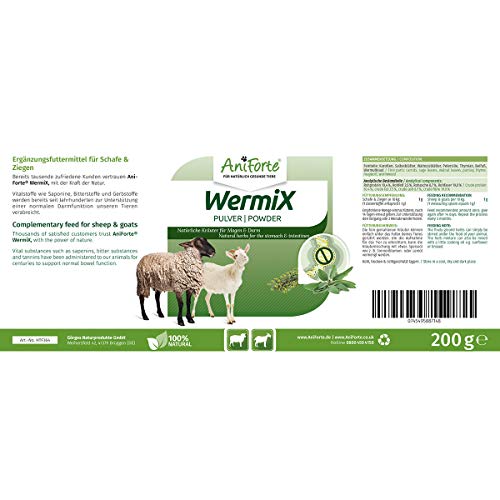 AniForte WermiX en Polvo para ovejas y Cabras 200g - Antes, Durante y después de la infestación de Gusanos con saponinas, sustancias amargas, taninos, ajenjo, armonizan el estómago y el intestino