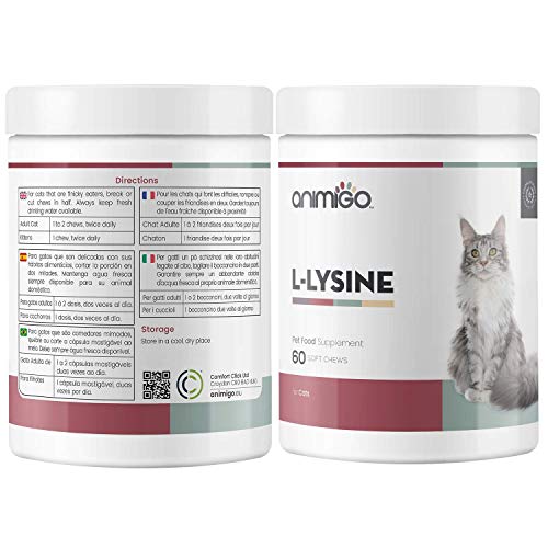 Animigo L-Lisina para Gatos | Suplemento Natural Inmunitario para la Defensa | L-Lisina, Levadura de Cerveza y Pectina Cítrica | Rico en Aminoácidos, Vitaminas y Minerales | 60 Cápsulas Masticables