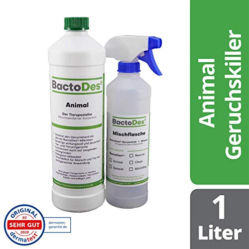 BactoDes - Eliminador de olores de Animales Animales – 1 litro, Incluye Botella de Mezcla – Eliminador de olores para orina de Gatos, orina de Perro y Animales pequeños