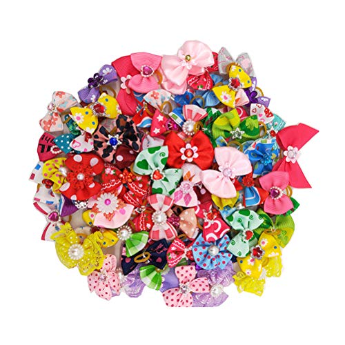 Balacoo 50Pcs Arcos de pelo de perro multicolor con bandas de goma Bandas elásticas de pelo Bowknot Gorros para mascotas Perro de gato (color mezclado)