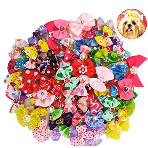 Balacoo 50Pcs Arcos de pelo de perro multicolor con bandas de goma Bandas elásticas de pelo Bowknot Gorros para mascotas Perro de gato (color mezclado)