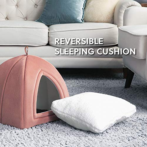 Bedsure Cama Gato Cueva Suave - Casa Gato Mediano Lavable con Cojín Desenfundable y Extraíble, Camas para Perros Pequeños 35x35x38cm, Rosa