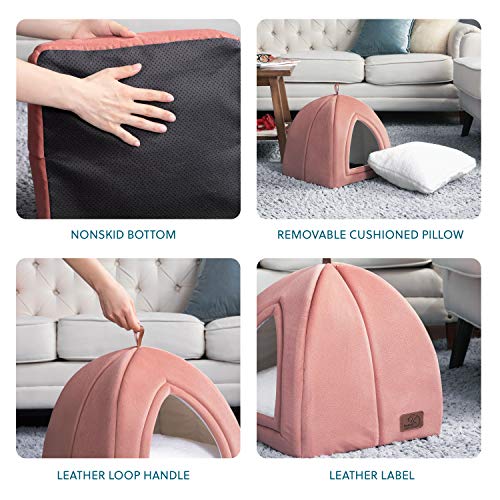 Bedsure Cama Gato Cueva Suave - Casa Gato Mediano Lavable con Cojín Desenfundable y Extraíble, Camas para Perros Pequeños 35x35x38cm, Rosa