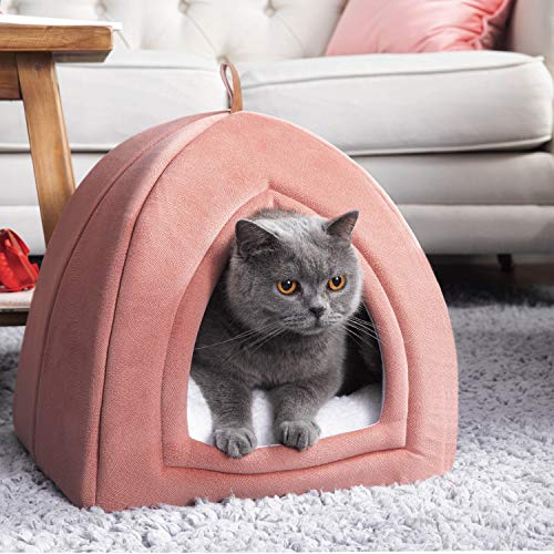 Bedsure Cama Gato Cueva Suave - Casa Gato Mediano Lavable con Cojín Desenfundable y Extraíble, Camas para Perros Pequeños 35x35x38cm, Rosa