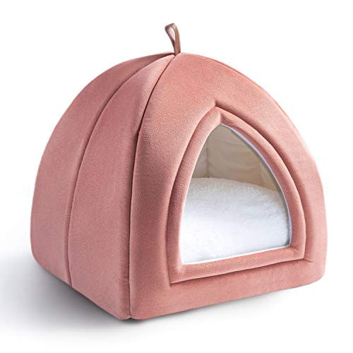 Bedsure Cama Gato Cueva Suave - Casa Gato Mediano Lavable con Cojín Desenfundable y Extraíble, Camas para Perros Pequeños 35x35x38cm, Rosa