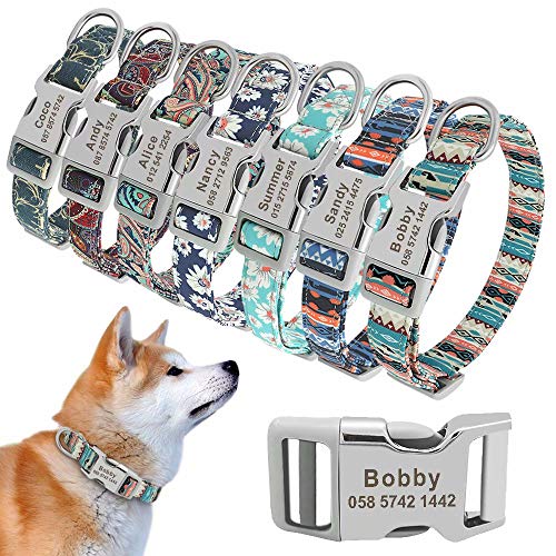 Beirui - Collar de perro de nailon con placa identificadora personalizable, estilo étnico, suave, para perros pequeños, medianos y grandes, con hebilla ligera