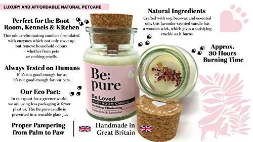 Be:pure Pet - Vela para eliminar olores de mascotas, cera de soja 100% natural, sin colorantes, aroma de manzanilla, lavanda y rosa con una mecha de madera, aprox. 30 horas de combustión