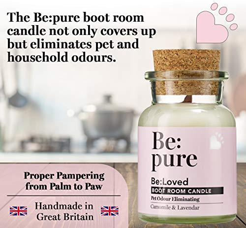 Be:pure Pet - Vela para eliminar olores de mascotas, cera de soja 100% natural, sin colorantes, aroma de manzanilla, lavanda y rosa con una mecha de madera, aprox. 30 horas de combustión