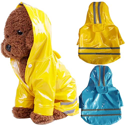 Biluer Impermeable para Perros, 2PCS Cortavientos Chubasquero con Capucha para Perros Tira Reflectante para Perros Medianos y Grandes(Amarillo,Azul, Código L)