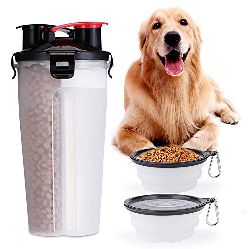 Botella de Agua y Comida para Perros Portatil con 2 Cuencos Plegables de Viaje, Taza Dispensador de Agua Viaje al Aire Libre Animal Comida Contenedor de Almacenamiento de Agua y Comida