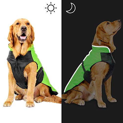 Bwiv Perro Chaqueta Gato Abrigos Mascota Ropa Impermeable Vientre Protector Reflexivo Tira Cremallera con Agujero de Correa Verde 5XL (Longitud de Espalda 70cm, Pecho 90-103cm)