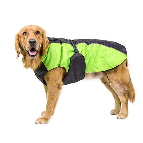 Bwiv Perro Chaqueta Gato Abrigos Mascota Ropa Impermeable Vientre Protector Reflexivo Tira Cremallera con Agujero de Correa Verde 5XL (Longitud de Espalda 70cm, Pecho 90-103cm)