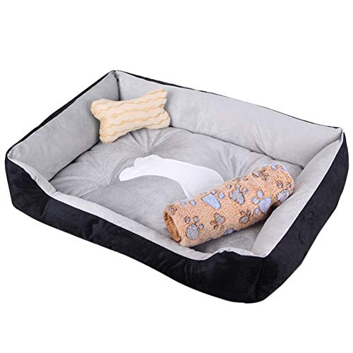 Cama para Perros, Perro Gato Mascota Colchón Lavable Almohada Cojín Suave y Cálida Cama de Algodón PP con Parte Inferior Antideslizante para Perro Grande,Black Grey(Bed+Blanket),60*45*15CM(Pet<5KG)