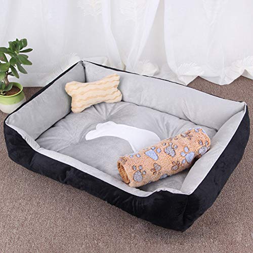 Cama para Perros, Perro Gato Mascota Colchón Lavable Almohada Cojín Suave y Cálida Cama de Algodón PP con Parte Inferior Antideslizante para Perro Grande,Black Grey(Bed+Blanket),60*45*15CM(Pet<5KG)