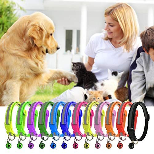 COCOCITY 12 Piezas Gato Reflectante Collar con Campana Regulable para Mascotas Gatito Cachorro Perros Pequeños de 19 a 32 cm