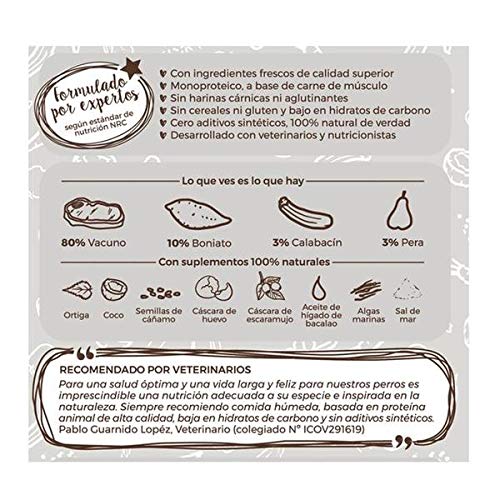 Comida húmeda para Perros (12x400g) | con 80% de Carne de Vacuno | Sin Cereales | Sin Patata | Sin aditivos | Monoproteico | 12 latas de 400g