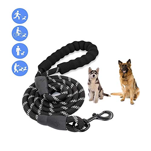 Correa Perro, Correas para Perros Nylon con Mango Acolchado Ajustable Negro Sólido Reflectante 150 cm para Perros Grandes o Medianos Adecuado para Correr Senderismo Correr (Negro)