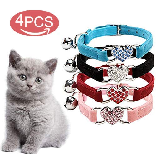 DAIXI Collares para Gatos con la Campana y del Cristal del corazón Suministros Linda del Animal doméstico Negro + Rojo + Azul Rosa