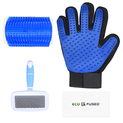 Eco-Fused Kit de Cepillos para Gatos 1x Cepillo Self Groomer para Gatos, 1x Cepillo Práctico Azul, 1x Guante Estilo Cepillo para Mascotas (Mano Derecha) – para Pelaje Corto y Largo