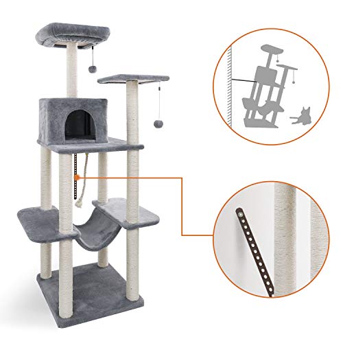 Eono by Amazon Árbol para Gatos Rascador con nidos Sisal Cubierto Rascador Hamaca Plataformas Bolas de Juego Gris