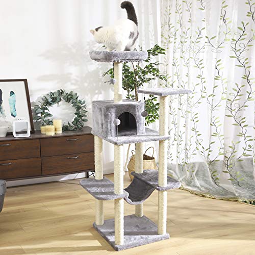 Eono by Amazon Árbol para Gatos Rascador con nidos Sisal Cubierto Rascador Hamaca Plataformas Bolas de Juego Gris