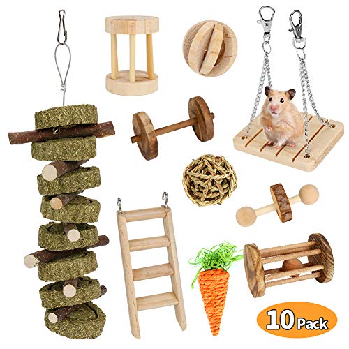 Ertisa Juego de 10 Juguetes para Masticar hámster, Gerbil Rat Guinea Pig Chinchilla Chew Toys, Mancuernas de Madera Natural Ejercicio Bell Roller Dientes Cuidado Molar Juguete para Conejos Pájaro