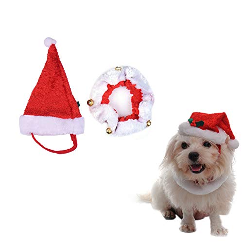 Fablcrew - Gorro de Navidad para mascotas, diseño de Papá Noel con collar para perros pequeños