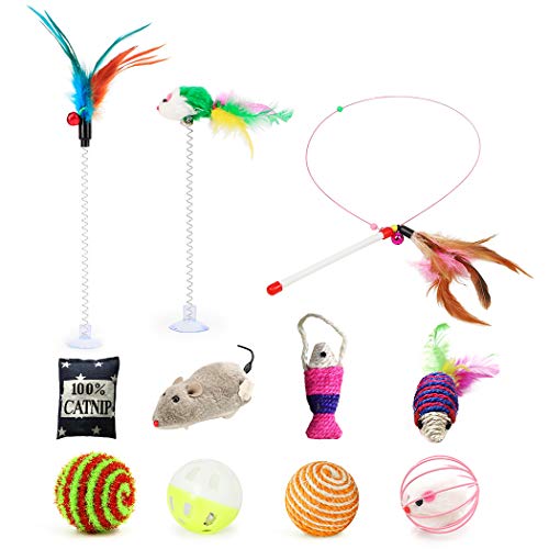 Fansport 11 Piezas Juguete Interactivo Gato ，Juguetes para Gatos con Campanas y Catnip Ball y Plumas y Bolas Varias para Gatos