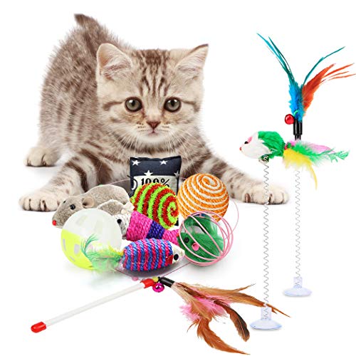 Fansport 11 Piezas Juguete Interactivo Gato ，Juguetes para Gatos con Campanas y Catnip Ball y Plumas y Bolas Varias para Gatos