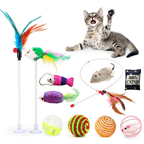 Fansport 11 Piezas Juguete Interactivo Gato ，Juguetes para Gatos con Campanas y Catnip Ball y Plumas y Bolas Varias para Gatos