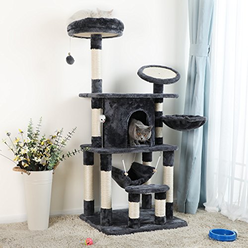 FEANDREA Árbol para Gatos Rascador con Caseta Lujosa Plataforma Redonda con Borde Curvado Postes Recubiertos por Cuerda de Sisal para Afilamiento Color Antracita PCT25G