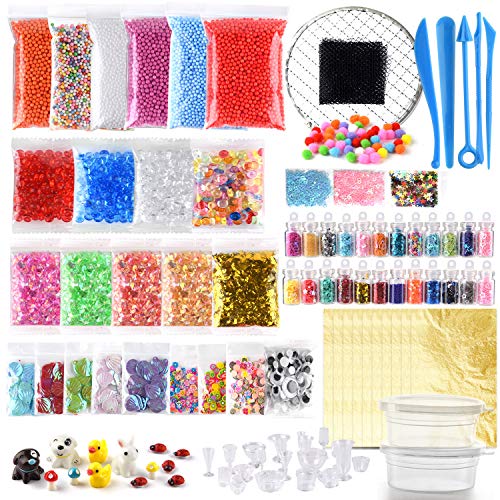 FEPITO 101 pcs Slime Kit Slime Accesorios, Incluir Bolas Espuma, Granos Pecera, Papel Picado, Rodajas Frutas, Papel Azúcar, Red, Modelo Animal para Slime casero (No contener Slime)