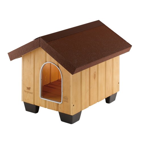 Feplast 87000000 Caseta de Exterior para Perros Domus Mini, Robusta Madera Ecosostenible, Pies de Plástico, Puerta con Revestimiento Resistente A Las Mordeduras, 50 x 65 x 47.5 Cm