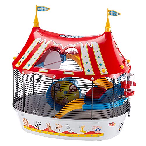 Ferplast Jaula de Tres Pisos para hámsteres Circus Fun, Ratones y pequeños roedores, Plástico Robusto y Metal, Coloridos Adhesivos y Accesorios incluidos 49,5 x 34 x h 42,5 cm Negro