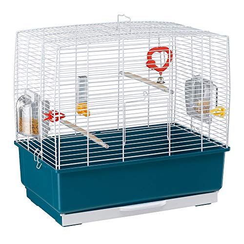 Ferplast Jaula Rectangular para pájaros exóticos y Canarios Rekord 3, con Accesorios y comederos giratorios, Robusto Alambre Pintado Blanco y cubeta de plástico Azul, 49 x 30 x h 48,5 cm