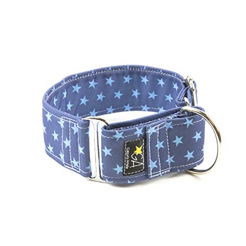 Galguita Amelie, 5cm Ancho Talla M (30cm - 39cm), Collar para Perro antiescape. Estrellas Azules.