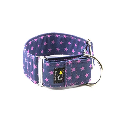 Galguita Amelie, 5cm Ancho Talla M (30cm - 39cm), Collar para Perro Antiescape. Estrellas Rosas.