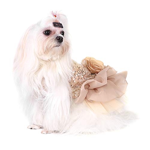 Garosa Vestido De Perro para Mascotas Ropa para Perros Pequeños Lentejuelas Tiquín Sedoso Disfraz De Perrito Princesa Elegante Falda Traje De Boda(L-Beige)