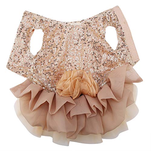 Garosa Vestido De Perro para Mascotas Ropa para Perros Pequeños Lentejuelas Tiquín Sedoso Disfraz De Perrito Princesa Elegante Falda Traje De Boda(L-Beige)