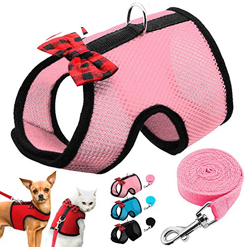 Gato pequeño Transpirable Bowtie Ajustable Malla de Nylon Cachorro Kit de Correa de arnés de Gatito para Correa de Pecho de Conejo de hámster-Pink_S