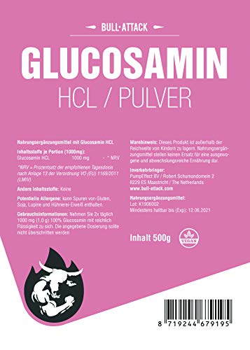 GLUCOSAMIN HCL Polvo | 100% puro sin aditivos | también adecuado para animales (caballos, perros, etc.) | de primera calidad (500g)