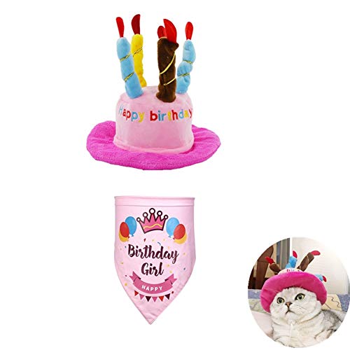 Gorro de cumpleaños para mascota con bandana, sombrero de gato ajustable con velas de colores, bufanda de cumpleaños para perro, para perros grandes y medianos, gatos y cachorros, color rosa