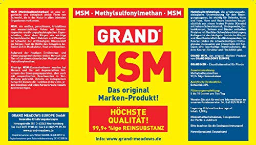 Grand-Meadows Europe GmbH MSM de Polvo para Caballos, de Alimentos 07797100330 de Medio, abono azufre – metilsulfonilmetano, 99,9% Pureza, 1 kg Premium 07797100330 Forro