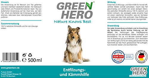 Green Hero entfilzungs de y Ayuda de Peine para Perros, 500 ML, entwirrt el Pelo y le Brillo, Evita verhaken y Nudos, Piel Cuidado Spray